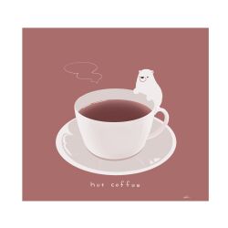Rule 34 | animal, bear, border, chai (drawingchisanne), climbing, coffee, coffee cup, commentary request, cup, disposable cup, drink, english text, food focus, no humans, original, plate, polar bear, red background, shirokuma-san (drawingchisanne), signature, steam, white border