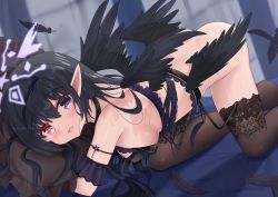 Rule 34 | 1girl, black hair, black thighhighs, blush, breasts, feathered wings, feathers, garter belt, garter straps, hairband, heterochromia, highres, hiyada yuu, lace, lace-trimmed legwear, lace trim, long hair, medium breasts, hugging object, on bed, open mouth, original, pillow, pillow hug, pointy ears, purple eyes, red eyes, solo, thighhighs, top-down bottom-up, wings