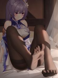 Rule 34 | 1girl, arm support, ass, bare shoulders, breasts, brown pantyhose, choker, cone hair bun, curtains, detached sleeves, dress, feet, frown, genshin impact, grey hair, hair bun, highres, indoors, keqing (genshin impact), legs up, long hair, looking at viewer, looking down, maemi (maemi12), medium breasts, no shoes, on bed, pantyhose, purple eyes, sitting, solo, thighband pantyhose, toes, twintails, white dress