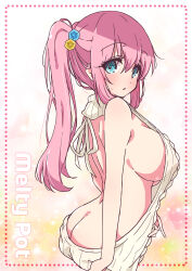 Rule 34 | 1girl, artist name, ass, backless outfit, blue eyes, blush, bocchi the rock!, breasts, butt crack, commentary, cropped legs, cube hair ornament, from side, gotoh hitori, hair between eyes, hair ornament, highres, large breasts, long hair, looking at viewer, mel (melty pot), meme attire, parted lips, pink hair, ponytail, shoulder blades, sideboob, simple background, sleeveless, sleeveless sweater, solo, sweatdrop, sweater, virgin killer sweater, white background, white sweater