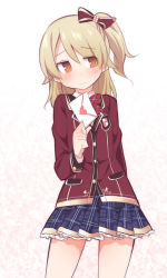 Rule 34 | 1girl, alternate costume, bad id, bad pixiv id, blazer, blue skirt, blush, bow, bowtie, brown bow, brown eyes, brown jacket, closed mouth, collarbone, envelope, hair between eyes, hair bow, heart, holding, holding envelope, idolmaster, idolmaster cinderella girls, jacket, letter, light brown hair, long hair, long sleeves, looking away, looking to the side, love letter, morikubo nono, plaid, plaid bow, plaid bowtie, plaid neckwear, plaid skirt, pleated skirt, red bow, red bowtie, school uniform, shirt, side ponytail, skirt, solo, uccow, white shirt