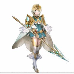 Rule 34 | 1girl, blonde hair, blue eyes, blue hair, cape, concept art, crown, earrings, feather trim, feathers, fire emblem, fire emblem heroes, fjorm (fire emblem), full body, gradient hair, highres, jewelry, long sleeves, multicolored hair, nintendo, polearm, short hair, simple background, smile, spear, standing, thighhighs, weapon, white background