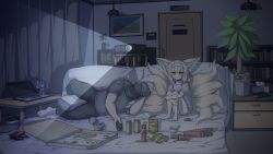 Rule 34 | 1girl, 1other, animal ears, arknights, bed, blue hairband, book, bookshelf, can, chips (food), commentary request, computer, doctor (arknights), drink can, food, fox ears, fox girl, fox tail, game console, glass bottle, grey shirt, hairband, helmet, highres, hugging another&#039;s tail, hugging tail, indoors, jokebag, laptop, large ears, lying, material growth, movie projector, multiple tails, nintendo switch, on bed, on side, oripathy lesion (arknights), pillow, pizza, pizza box, plant, platinum blonde hair, potted plant, shirt, sitting, snack, soda can, suzuran (arknights), tail, tissue box