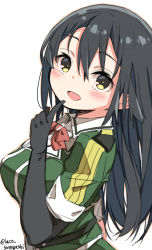 Rule 34 | 1girl, black eyes, black gloves, black hair, bow, bowtie, breasts, chikuma (kancolle), commentary request, elbow gloves, gloves, kantai collection, laco soregashi, large breasts, long hair, looking at viewer, military, military uniform, one-hour drawing challenge, puffy short sleeves, puffy sleeves, red bow, red bowtie, short sleeves, simple background, single elbow glove, solo, twitter username, uniform, upper body, white background