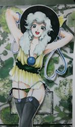 Rule 34 | 1girl, adapted costume, aged up, arms behind head, bad id, bad pixiv id, black thighhighs, cowboy shot, eyeball, flat chest, garter straps, green eyes, hat, hat ribbon, heart, heart of string, komeiji koishi, lace, lace-trimmed panties, lace trim, no bra, open mouth, panties, papercraft (medium), photo (medium), ribbon, see-through, short hair, shu (loveeater), side-tie panties, silver hair, smile, solo, thighhighs, third eye, touhou, unconventional media, underwear