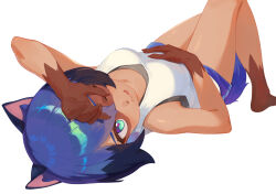 1girl animal_ears black_hair blue_eyes blue_hair body_fur brand_new_animal commentary furry furry_female highres imori_(lizzy) kagemori_michiru looking_at_viewer lying multicolored_hair on_back raccoon_ears raccoon_girl raccoon_tail revision shiny_skin short_hair shorts simple_background smile solo symbol-only_commentary tail