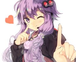 Rule 34 | 1girl, bad id, bad pixiv id, blush, dress, hair between eyes, hair ornament, hairpin, heart, hood, hood down, hooded jacket, hoodie, index finger raised, jacket, koi dance, looking at viewer, low twintails, microphone, one eye closed, open clothes, open hoodie, open jacket, purple dress, purple eyes, purple hair, short hair with long locks, smile, solo, suminagashi, twintails, upper body, vocaloid, voiceroid, yuzuki yukari