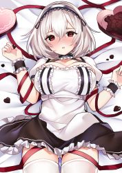 Rule 34 | 1girl, apron, azur lane, blush, breasts, candy, chocolate, chocolate heart, dress, eyebrows, food, hair between eyes, hair intakes, hairband, heart, lace-trimmed hairband, lace trim, looking at viewer, lying, maid, maid apron, maid headdress, on back, red eyes, ribbon, ry thae, short hair, sirius (azur lane), solo, thighhighs, thighs, valentine, white hair, white thighhighs