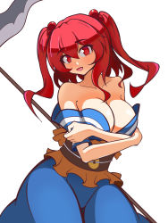 Rule 34 | 1girl, :d, absurdres, blue dress, breasts, cleavage, coin, cowboy shot, dress, highres, holed coin, large breasts, looking at viewer, obi, off-shoulder dress, off shoulder, onozuka komachi, open mouth, red eyes, red hair, sash, scythe, short hair, simple background, smile, solo, standing, touhou, two side up, white background, xy1173946979