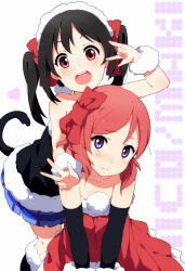 Rule 34 | 10s, 2girls, black hair, blush, bow, cat tail, christmas, collarbone, detached sleeves, double m/, dress, fur trim, hair bow, hair ribbon, kemonomimi mode, love live!, love live! school idol project, m/, multiple girls, nishikino maki, ogipote, open mouth, purple eyes, red dress, red eyes, red hair, ribbon, shirt, skirt, smile, strapless, strapless dress, tail, twintails, wrist cuffs, yazawa nico