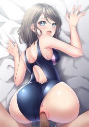 Rule 34 | 1girl, ass, blue eyes, blue one-piece swimsuit, blush, breasts, censored, clothing aside, commentary request, competition swimsuit, doggystyle, hair between eyes, highres, looking back, love live!, love live! sunshine!!, medium breasts, mosaic censoring, one-piece swimsuit, open mouth, penis, pussy, sex, sex from behind, short hair, sugamo (dorori04), swimsuit, watanabe you