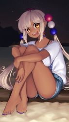 Rule 34 | 1girl, :d, alternate costume, beach, blue nails, casual, collarbone, commentary, crossed ankles, dark-skinned female, dark skin, english commentary, feet, full body, hair ornament, highres, hololive, hololive english, hugging own legs, legs, light brown hair, limiter (tsukumo sana), long hair, looking at viewer, nail polish, night, open mouth, orange eyes, outdoors, planet hair ornament, sand, shirt, short shorts, short sleeves, shorts, sitting, sky, smile, solo, star (sky), starry sky, teeth, toenails, tsukumo sana, twintails, upper teeth only, very long hair, virtual youtuber, white shirt, yoako