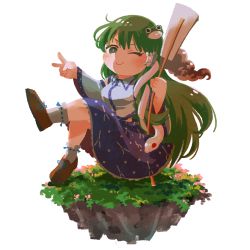Rule 34 | 1girl, ;), ahoge, bare shoulders, blush, breasts, bright pupils, brown footwear, closed mouth, collared shirt, detached sleeves, eyebrows hidden by hair, floating island, flower, flower request, frog hair ornament, full body, gohei, green eyes, green hair, hair ornament, hair tubes, hands up, highres, holding, holding stick, jiageya (atojian keikaku), knees up, kochiya sanae, large breasts, leg up, long hair, looking at viewer, one eye closed, pink flower, ribbon-trimmed legwear, ribbon trim, shirt, sidelocks, simple background, sitting, smile, snake hair ornament, solo, stick, touhou, v, v-shaped eyebrows, very long hair, white background, white legwear, white pupils, white shirt, wide sleeves, wing collar