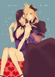 Rule 34 | 1boy, 1girl, alternate costume, bare arms, bare shoulders, black hair, blonde hair, blue dress, blue eyes, blush, bow, breasts, brown hair, cleavage, cloud strife, cloud strife (blue dress), couple, crescent, crescent earrings, crescent moon, crossdressing, dated, dress, earrings, final fantasy, final fantasy vii, final fantasy vii remake, hair bow, hair ornament, hands on another&#039;s shoulders, jewelry, large breasts, legs, long hair, looking at another, looking at viewer, moon, nidou (rechlo), official alternate costume, open mouth, red eyes, sitting, sleeveless, sleeveless dress, spiked hair, star (symbol), starry background, tifa lockhart, tifa lockhart (refined dress), wall market