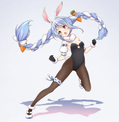 Rule 34 | 1girl, absurdres, animal ear fluff, animal ears, asanaya, bare shoulders, black gloves, black leotard, blue hair, blush, bow, braid, breasts, brown pantyhose, carrot hair ornament, covered navel, detached sleeves, don-chan (usada pekora), floating hair, food-themed hair ornament, full body, fur-trimmed gloves, fur trim, gloves, gradient background, grey background, hair bow, hair ornament, highres, hololive, leotard, long hair, multicolored hair, open mouth, pantyhose, playboy bunny, puffy short sleeves, puffy sleeves, rabbit ears, rabbit girl, rabbit tail, red eyes, shadow, shoes, short eyebrows, short sleeves, small breasts, standing, standing on one leg, strapless, strapless leotard, tail, teeth, thick eyebrows, twin braids, twintails, two-tone hair, upper teeth only, usada pekora, usada pekora (1st costume), very long hair, virtual youtuber, white bow, white footwear, white hair, white sleeves, | |