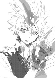Rule 34 | 1boy, collared shirt, dress shirt, fingerless gloves, fire, gloves, greyscale, hair between eyes, hand up, highres, katekyo hitman reborn!, looking at viewer, male focus, monochrome, necktie, parted lips, sawada tsunayoshi, shirt, simple background, sofra, solo, sweater vest, traditional media, upper body, white background