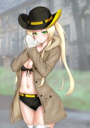 Rule 34 | 1girl, azur lane, bare tree, belt, bikini, bikini top only, black bikini, black hat, black shorts, blonde hair, blowing, blurry, blurry background, blush, breasts, brown jacket, building, cleavage, collarbone, commentary request, cowboy hat, cowboy shot, front-tie bikini top, front-tie top, fur-trimmed jacket, fur trim, green eyes, hat, highres, hornet (azur lane), jacket, kamui aya, long hair, long sleeves, looking at viewer, midriff, mittens, navel, open clothes, open jacket, own hands together, pocket, short shorts, shorts, sidelocks, signature, solo, standing, swimsuit, thighhighs, tree, twintails, white mittens, white thighhighs, window