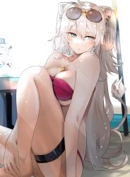 Rule 34 | 1girl, animal ear fluff, beach, between breasts, bikini, breast press, breasts, eyewear on head, funi mu9, grey eyes, highres, hololive, jewelry, knee up, large breasts, looking away, necklace, outdoors, red bikini, shishiro botan, sitting, solo, sunglasses, swimsuit, thick thighs, thigh strap, thighs, twintails, virtual youtuber, white hair