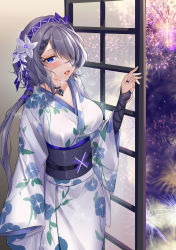 Rule 34 | 1girl, alternate costume, arknights, blue eyes, breasts, chinese commentary, commentary request, cowboy shot, fireworks, flower, hair flower, hair ornament, hair over one eye, hairband, hand up, highres, hongbaise raw, indoors, japanese clothes, kimono, large breasts, long hair, long sleeves, looking at viewer, night, night sky, obi, open mouth, purple hair, purple hairband, sash, sky, solo, standing, whisperain (arknights), white flower, white kimono, wide sleeves
