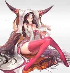Rule 34 | 10s, 1girl, black hair, boots, breasts, cleavage, detached sleeves, fate/extra, fate/extra ccc, fate (series), high heel boots, high heels, highres, holding, holding ribbon, horns, knees together feet apart, lack, large breasts, long hair, looking at viewer, parted lips, purple footwear, purple thighhighs, ribbon, sessyoin kiara, sitting, smile, solo, strap slip, thigh boots, thighhighs, thighs, veil, very long hair