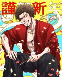 Rule 34 | 1boy, 2020, abs, afro, birthday, brown eyes, brown hair, coco (h221414), eyebrows, facial hair, floral background, gold necklace, hand fan, haori himo, happy birthday, happy new year, highres, japanese clothes, jewelry, kasuga ichiban, kimono, male focus, manly, necklace, new year, open clothes, open kimono, ryuu ga gotoku (series), ryuu ga gotoku 7, smirk, squatting, yellow background