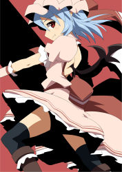 Rule 34 | 1girl, bat wings, black thighhighs, blue hair, boots, elbow gloves, fang, fang out, gloves, hat, red eyes, remilia scarlet, shin&#039;ya (nanp), solo, thighhighs, touhou, wings