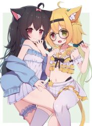 Rule 34 | 2girls, ahoge, animal ear fluff, animal ears, arashiya, black hair, blonde hair, blue jacket, brown eyes, camisole, cat ears, cat girl, cat tail, character request, commission, copyright request, crop top, denghuo ju (vtuber), face-to-face, glasses, hairband, hand to own mouth, heterochromia, indie virtual youtuber, jacket, long hair, looking at viewer, low twintails, midriff, miniskirt, multiple girls, navel, off shoulder, open mouth, pleated skirt, ribbon, shirt, skeb commission, skirt, smile, strap slip, tail, thighhighs, thighs, twintails, white camisole, white skirt, white thighhighs, yellow shirt