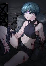 Rule 34 | 1girl, abs, absurdres, amputee, asagon007, blood, blood from mouth, blood on face, colored eyelashes, cyborg, damaged, finger on trigger, glock, green hair, gun, handgun, high collar, highres, looking at viewer, mechanical parts, navel, original, outdoors, pink eyes, science fiction, short shorts, shorts, sitting, solo, stomach, weapon