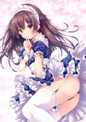 Rule 34 | 1girl, apron, ass, bell, black panties, blue dress, blush, bow, brown hair, dress, finger to mouth, frilled apron, frills, garter belt, hair between eyes, hair bow, highres, jingle bell, long hair, lying, maid, maid headdress, on side, original, panties, parted lips, puffy short sleeves, puffy sleeves, red bow, red eyes, ryo (botugo), short sleeves, shushing, solo, thighhighs, underwear, very long hair, waist apron, white apron, white bow, white thighhighs