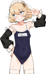 Rule 34 | 1girl, absurdres, averting eyes, black sleeves, blonde hair, blue eyes, blush, bob cut, breasts, closed mouth, commentary, covered navel, detached sleeves, fang, frown, girls und panzer, hand on own hip, highres, katyusha (girls und panzer), looking at viewer, maid headdress, name tag, sattinittas, school swimsuit, short hair, simple background, skin fang, small breasts, solo, standing, strap slip, sweatdrop, swimsuit, thighhighs, v, white background, white thighhighs