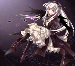Rule 34 | 00s, 1girl, dress, feathers, female focus, flower, frills, hairband, long hair, mtyy, pink eyes, rozen maiden, solo, suigintou, white hair, wings