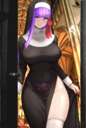 Rule 34 | 1girl, bb (fate), bb (fate/extra), black dress, blush, breasts, covered navel, dress, fate/grand order, fate (series), glowing tattoo, habit, hair ribbon, highres, large breasts, long hair, long sleeves, looking at viewer, nun, pubic tattoo, purple eyes, purple hair, raskasar, red ribbon, ribbon, side slit, smile, solo, tattoo, thighhighs, thighs, very long hair, white thighhighs