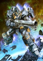 Rule 34 | alternate color, carrier, commentary request, debris, exhaust, flying, glowing, glowing eyes, gun, gundam, highres, holding, holding gun, holding weapon, mecha, no humans, original, planet, robot, rx-78-2, seto (atsushi533822), space, spacecraft, star (symbol), starry background, thrust (transformers), weapon, white base