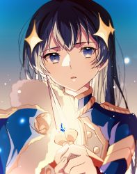 Rule 34 | 1girl, bad id, bad pixiv id, black hair, blue background, blue eyes, blue gemstone, blue jacket, blurry, buttons, commentary request, dagger, depth of field, epaulettes, fur-trimmed jacket, fur trim, gem, gradient background, grey background, hair ornament, hands up, highres, holding, holding dagger, holding knife, holding weapon, jacket, jacket on shoulders, kagura hikari, knife, light, light particles, long hair, long sleeves, looking at viewer, nijiko (c2cs4q), parted lips, red sash, sash, shoujo kageki revue starlight, solo, sparkle hair ornament, upper body, weapon
