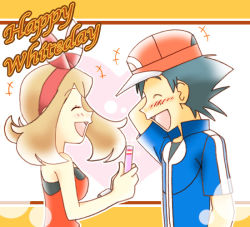 Rule 34 | 1boy, 1girl, ash ketchum, baseball cap, black gloves, black hair, blue shirt, blush, brown hair, closed eyes, creatures (company), eye contact, game freak, gift, gloves, hand on own chest, hat, headband, heart, holding, holding gift, looking at another, may (pokemon), nintendo, open mouth, partially fingerless gloves, pokemon, pokemon (anime), pokemon oras, pokemon rse (anime), pokemon xy (anime), red headband, red headwear, red ribbon, red shirt, ribbon, shirt, short hair, sleeveless, sleeveless shirt, spaghetti strap, spiked hair, upper body, white day