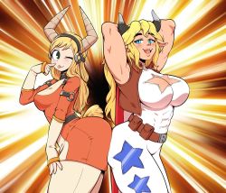 Rule 34 | 2girls, abs, armpits, ass, ass-to-ass, ass press, blonde hair, blue eyes, blush, boku no hero academia, breasts, cleavage, cleavage cutout, clothing cutout, highres, horns, large breasts, long hair, multiple girls, open mouth, original, tongue, tongue out, tsunotori pony, ushi walker (mha quest)