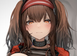 Rule 34 | 1girl, angelina (arknights), arknights, black shirt, blush, brown hair, closed mouth, collar, hairband, heart, heart in eye, highres, infection monitor (arknights), long hair, looking at viewer, orange eyes, red hairband, shirt, sidelocks, solo, symbol in eye, tab head, twintails, upper body