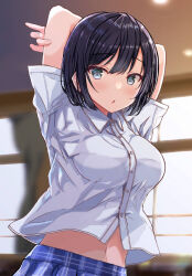 1girl :o arms_up black_hair blue_skirt bob_cut breasts collared_shirt commentary_request dress_shirt fushimi_asuha grey_eyes highres indoors looking_at_viewer medium_breasts midriff_peek miniskirt navel open_mouth original plaid_clothes plaid_skirt pleated_skirt shirt short_hair short_sleeves skirt white_shirt window