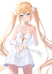 Rule 34 | 1girl, absurdres, aki uzuki3, angel, bare shoulders, blonde hair, blue eyes, blush, breasts, dress, garter straps, hair ornament, halo, highres, long hair, looking at viewer, original, simple background, single wing, skirt, small breasts, solo, white background, wings