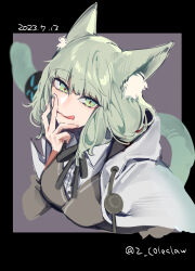Rule 34 | 1girl, :3, :q, animal ear fluff, animal ears, arknights, black border, border, breasts, cat ears, cat girl, cat tail, dated, detached sleeves, green eyes, green hair, grey background, grey vest, hand up, harmonie (arknights), highres, hood, hood down, hooded jacket, infection monitor (arknights), jacket, licking lips, long hair, long sleeves, looking at viewer, medium breasts, mirin chikuwa, outside border, shirt, simple background, solo, tail, tail ornament, tail ring, tongue, tongue out, twitter username, vest, white jacket, white shirt
