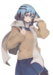 Rule 34 | 1girl, acccty, bag, blue eyes, blue hair, blue skirt, brown bag, cardigan, closed mouth, commentary request, highres, long hair, long sleeves, looking at viewer, nurarihyon no mago, oikawa tsurara, scarf, school bag, school uniform, simple background, skirt, smile, solo, uniform, white background, white scarf, yellow cardigan, yuki onna, yuki onna (nurarihyon no mago)