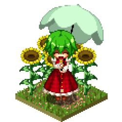 Rule 34 | 1girl, ^ ^, closed eyes, dress, closed eyes, female focus, flower, kazami yuuka, lowres, nature, niwatori takeshi, pixel art, plant, solo, sunflower, touhou, umbrella, white background