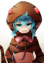 Rule 34 | 10s, 1girl, amai nekuta, angry, aqua eyes, aqua hair, brown background, brown jacket, frown, gradient background, hands in pockets, hood, hood up, hoodie, jacket, kemono friends, long sleeves, looking at viewer, neck ribbon, open mouth, pink ribbon, ribbon, short hair, solo, standing, striped clothes, striped hoodie, sweatdrop, tsuchinoko (kemono friends), upper body, v-shaped eyebrows