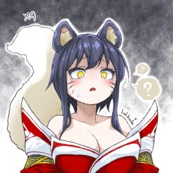 Rule 34 | 1girl, ?, ahri (league of legends), animal ears, bare shoulders, breasts, cleavage, d:, detached sleeves, facial mark, fox ears, fox tail, gradient background, grey background, juliet sleeves, large breasts, league of legends, lolboja, long sleeves, medium hair, open mouth, puffy sleeves, red sleeves, short hair, sidelocks, solo, speech bubble, tail, whisker markings, yellow eyes