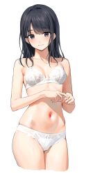 Rule 34 | 1girl, black hair, blush, breasts, breasts apart, cropped legs, gin00, highres, idolmaster, idolmaster shiny colors, kazano hiori, looking at viewer, mole, mole under mouth, navel, own hands together, simple background, small breasts, smile, solo, stomach, underwear, underwear only, white background