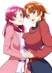 Rule 34 | 2girls, asymmetrical docking, breast press, breasts, brown eyes, brown hair, commentary request, from side, highres, hirogaru sky! precure, holding hands, interlocked fingers, jacket, kibou no chikara ~otona precure &#039;23~, large breasts, long hair, long sleeves, looking at viewer, looking to the side, mattari yufi, multiple girls, natsuki rin, open mouth, pink hair, pink jacket, precure, purple eyes, red sweater, shirt, simple background, sweater, twitter username, white background, white shirt, yes! precure 5, yumehara nozomi