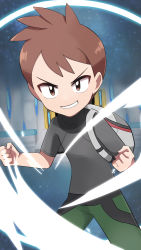 Rule 34 | 1boy, backpack, bag, brown eyes, brown hair, clenched hands, commentary request, creatures (company), energy, game freak, green pants, grey bag, grey shirt, grin, hachi (hachi sin), highres, indoors, looking at viewer, male focus, nintendo, pants, pokemon, pokemon lgpe, shirt, short hair, short sleeves, smile, solo, teeth, trace (pokemon), v-shaped eyebrows