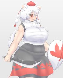 Rule 34 | 1girl, :d, abs, animal ears, bad hands, bad id, bad pixiv id, biceps, bike shorts, blush, bodysuit, breasts, covered navel, fang, fat, guroo (shine119), hat, highres, huge breasts, inubashiri momiji, muscular, muscular female, navel, open mouth, plump, pom pom (clothes), red eyes, shield, short hair, short sword, skin tight, skirt, sleeveless, smile, solo, sword, tail, taut clothes, thick thighs, thighs, tokin hat, touhou, weapon, white hair, wide hips, wolf ears, wolf tail
