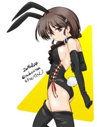 Rule 34 | 1girl, animal collar, animal ears, arm grab, arms behind back, artist name, ass, black footwear, black leotard, boots, braid, breasts, brown eyes, brown hair, closed mouth, collar, commentary, cowboy shot, dated, fake animal ears, fake tail, from side, frown, girls und panzer, hair over shoulder, head tilt, leotard, long hair, looking at viewer, medium breasts, one-hour drawing challenge, playboy bunny, rukuriri (girls und panzer), rukuriritea, side-tie leotard, sideboob, signature, single braid, solo, standing, tail, thigh boots, thighhighs, twitter username, white background