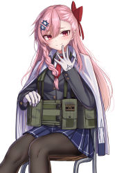 Rule 34 | 1girl, absurdres, black pantyhose, blue skirt, braid, chair, closed mouth, girls&#039; frontline, gloves, hair ornament, hairclip, hexagram, highres, jacket, long hair, looking at viewer, necktie, negev (girls&#039; frontline), pantyhose, pink hair, pleated skirt, red eyes, red necktie, school uniform, simple background, sitting, skirt, smile, solo, star of david, white background, white gloves, yakob labo